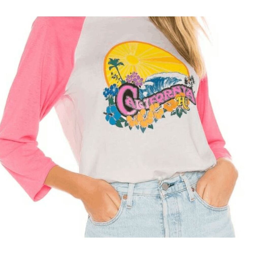 Le Superbe Revolve Dawn Patrol Pink & White Raglan Tee Shirt Women's Small